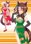  2girls animal_ears black_gloves blue_eyes braid breasts brown_hair china_dress chinese_clothes chinese_zodiac cleavage cleavage_cutout clothing_cutout dragon_print dress ear_covers elbow_gloves gloves hand_on_own_hip horse_ears horse_girl kawakami_princess_(umamusume) king_halo_(umamusume) multiple_girls ojou-sama_pose one_eye_closed open_mouth orange_background seki_(hyokosho) smile standing standing_on_one_leg twin_braids twitter_username two-tone_background umamusume white_gloves year_of_the_dragon 