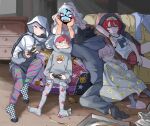  atticus_(pokemon) blanket blonde_hair blue_hair controller eri_(pokemon) facepaint game_controller giacomo_(pokemon) glasses green_eyes highres holding hood hoodie jacket long_hair mela_(pokemon) multicolored_hair necktie ortega_(pokemon) pajamas penny_(pokemon) pointy_hair pokemon pokemon_sv red_hair ribbon round_eyewear shirt short_hair smile team_star two-tone_hair vest 