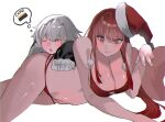  2girls bikini black_sleeves breasts closed_eyes credit_card dreaming frilled_sleeves frills grey_hair hair_ornament hairclip hat highres large_breasts long_hair looking_at_viewer multiple_girls no.21:_xxi_(red_hoodie)_(punishing:_gray_raven) no.21_(punishing:_gray_raven) open_mouth punishing:_gray_raven red_bikini red_eyes red_hair santa_hat sidelocks sleeping sleeves_past_fingers sleeves_past_wrists swimsuit thought_bubble vera_(punishing:_gray_raven) white_background yongsadragon 