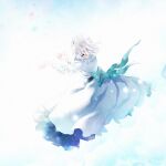  1girl arms_up ars_almal back_bow blue_bow bow dress field flower flower_field hair_ornament highres looking_up moca_soon nijisanji open_mouth short_hair solo star_(symbol) virtual_youtuber white_dress white_hair 