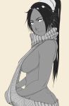  1girl alternate_costume backless_outfit black_hair bleach breasts dark-skinned_female dark_skin greyscale highres infierno large_breasts long_hair meme_attire monochrome ponytail shihouin_yoruichi simple_background solo upper_body virgin_killer_sweater white_background 
