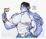  2020 abs animated anthro barazoku big_muscles big_pecs black_hair blue_body blue_fur blush bottomwear bracelet chest_tuft clothed clothing english_text felid flag flexing fur hair jewelry leopard lgbt_history_month lgbt_pride looking_at_viewer male mammal muscular muscular_anthro muscular_male navel nipples pan_(sxfpantera) pantherine pecs pride_colors short_playtime simple_background smile solo spots spotted_body standing sxfpantera text topless topless_male tuft white_background 