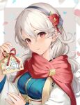  1girl alternate_costume black_hairband blush border character_print closed_mouth commentary_request confetti corrin_(female)_(fire_emblem) corrin_(fire_emblem) corrin_(male)_(fire_emblem) corrin_(male)_(fire_emblem)_(cosplay) corrin_(male)_(new_year)_(fire_emblem) cosplay ema fire_emblem fire_emblem_fates fire_emblem_heroes flower grey_background grey_hair hair_between_eyes hair_flower hair_ornament hairband haru_(nakajou-28) highres japanese_clothes kimono lilith_(fire_emblem) long_hair looking_at_viewer obi outside_border pointy_ears red_eyes red_flower red_scarf sash sayagata scarf simple_background smile solo wavy_hair white_border white_kimono 