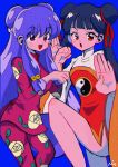  2girls bangs black_hair blue_background cardcaptor_sakura china_dress chinese_clothes clenched_hand crossover double_bun dress eyebrows_visible_through_hair highres leg_up li_meiling multiple_girls nui_inu open_mouth palms purple_hair ranma_1/2 red_eyes shampoo_(ranma_1/2) trait_connection twintails 