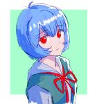  1girl :| ayanami_rei blue_hair closed_mouth hair_between_eyes highres light_blue_hair neck_ribbon neon_genesis_evangelion red_eyes red_pupils red_ribbon ribbon school_uniform short_hair solo tokyo-3_middle_school_uniform upper_body zawabug 