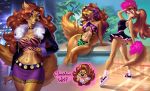 anthro beverage bikini breasts brown_hair butt canid canine cheerleader chibi clawdeen_wolf clothed clothing digital_media_(artwork) ear_piercing eyeshadow fangs female fur hair hi_res holivi looking_at_viewer makeup mammal mattel monster_high piercing solo swimwear tail teeth were werecanid werecanine werewolf yellow_eyes