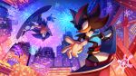  2boys bridge city fireworks furry furry_male gloves highres male_focus miitara miitarion multiple_boys new_year night night_sky nights_(character) nights_into_dreams red_eyes shadow_the_hedgehog sky snowboard snowflakes sonic_(series) sonic_the_hedgehog white_fur white_gloves 