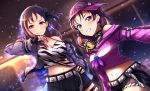  2girls :d animal_print bangs belt black_gloves black_shorts black_skirt crop_top earrings feathers fingerless_gloves gloves hair_ornament hair_rings half_gloves halterneck highlights highres jacket jewelry kazuno_leah kazuno_sarah lavender_jacket light_blush long_sleeves looking_at_viewer love_live! love_live!_sunshine!! multicolored_hair multiple_girls navel off-shoulder_sweater off_shoulder open_clothes open_jacket open_mouth otsumami_(otsu-mugi) parted_bangs purple_eyes purple_headwear saint_snow scrunchie shorts siblings sisters skirt smile sweater thigh_strap two-tone_hair visor_cap zebra_print 