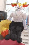 anthro blush braixen bulge clothed clothing crossdressing digital_media_(artwork) duo erection fluffy foot_on_bulge fur generation_6_pokemon genital_outline girly hi_res inner_ear_fluff kryzyasha male male/male nintendo penis_outline pokemon pokemon_(species) simple_background solo tail tuft white_body yellow_body yellow_fur