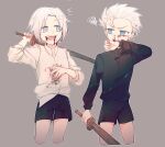  2boys aged_down annoyed blood blood_on_face blue_eyes brothers child dante_(devil_may_cry) devil_may_cry_(series) hair_slicked_back highres holding holding_weapon long_hair male_focus monomono1112 multiple_boys pale_skin siblings vergil_(devil_may_cry) weapon 