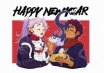  2girls amity_blight cat chopsticks closed_eyes fang ghost_(the_owl_house) happy_new_year holding holding_chopsticks kuma20151225 luz_noceda multiple_girls open_mouth purple_hair scarf short_hair stringbean_(the_owl_house) the_owl_house 
