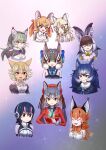  6+girls animal_ears bat_ears bat_girl bat_wings black_hair blazer blonde_hair blue_hair bow bowtie brown_hair brown_long-eared_bat_(kemono_friends) camisole caracal_(kemono_friends) cat_ears cat_girl chipmunk_ears chipmunk_girl coyote_(kemono_friends) dire_wolf_(kemono_friends) elbow_gloves equalarrow extra_ears fox_ears fox_girl geoffroy&#039;s_cat_(kemono_friends) gloves grey_hair hood hoodie hot_limit humboldt_penguin_(kemono_friends) island_fox_(kemono_friends) jacket jungle_cat_(kemono_friends) kemono_friends kemono_friends_v_project large-spotted_genet_(kemono_friends) leotard long_hair looking_at_viewer microphone multiple_girls necktie orange_hair penguin_girl ribbon shirt short_hair siberian_chipmunk_(kemono_friends) simple_background sleeveless sleeveless_shirt upper_body virtual_youtuber wings wolf_ears wolf_girl 