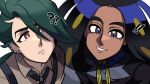  ! !! 2girls ? ?? androgynous black_hair black_jacket blue_eyes bright_pupils brown_shirt close-up closed_mouth collared_shirt dark-skinned_female dark_skin earrings eyelashes geeta_(pokemon) green_hair jacket jewelry long_hair looking_ahead looking_at_viewer loveycloud multicolored_hair multiple_girls neck_ribbon necktie pokemon pokemon_sv red_eyes reverse_trap ribbon rika_(pokemon) shirt simple_background smile suspenders white_background white_pupils yellow_ribbon 