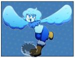 anthro avian beak bird blue_eyes blue_hair boots bottomwear clothed clothing denim denim_bottomwear denim_clothing female footwear hair hi_res jeans martlet_(undertale_yellow) neck_tuft open_mouth pants running solo spaghettiandbeans spread_wings tuft undertale undertale_(series) undertale_yellow wings