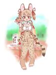  1girl absurdres animal_ears boots bow bowtie brown_eyes brown_hair cat_ears cat_girl cat_tail chai_chai_huishi extra_ears highres kemono_friends kemono_friends_3 kemono_friends_v_project large-spotted_genet_(kemono_friends) long_hair looking_at_viewer microphone outdoors ribbon shirt simple_background skirt tail thighhighs twintails virtual_youtuber 