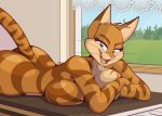  anthro breast_squish breasts celine_(vinfox) crossed_arms domestic_cat eyebrows eyelashes felid feline felis female fur hi_res looking_at_viewer lying mammal nude on_front open_mouth solo squish striped_tail stripes teeth tongue vinfox whiskers 
