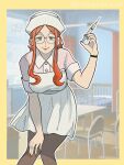  1girl black_wristband green_eyes hand_on_own_knee indoors leaning_forward lipstick long_hair makeup nurse orange_hair orange_nails ouka_(gegege_853suki) pantyhose short_sleeves skirt smile solo spy_x_family sylvia_sherwood syringe white_headwear white_skirt 