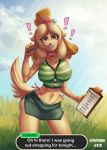  ! animal_crossing anthro big_breasts breasts canid canine canis clipboard clothed clothing collar dialogue domestic_dog english_text female fur grass hair hi_res isabelle_(animal_crossing) list looking_at_viewer mammal nintendo open_mouth outside pen shih_tzu solo standing teeth text thick_thighs tongue toy_dog video_games wide_hips yellow_body yellow_eyes yellow_fur yuriguba 