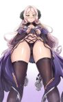  1girl absurdres ass ass_visible_through_thighs black_panties blonde_hair blush clothes_lift collar from_below granblue_fantasy green_eyes highres jewelry lifted_by_self long_sleeves looking_at_viewer mireille_(granblue_fantasy) panties pendant skirt skirt_lift solo thighhighs underwear wakkiau 