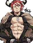  1boy abs animal_ears arknights bara bare_pectorals beard bodysuit come_hither cow_boy cow_ears cow_horns dog_tags facial_hair full_beard green_bodysuit highres horns humus_(arknights) large_pectorals looking_at_viewer male_focus mature_male muscular muscular_male navel nipples pectorals shirako_(kirupi) short_hair solo sparse_navel_hair stomach straight-on unzipping 
