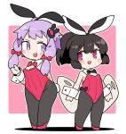  2girls :3 alternate_costume alternate_hairstyle animal_ears black_bow black_bowtie black_pantyhose blush bow bowtie breasts chibi cleavage commentary_request detached_collar fake_animal_ears fake_tail hair_bow hand_up headgear high_heels ini_(inunabe00) kiritanpo_(food) leotard multiple_girls multiple_hair_bows open_mouth oversized_food oversized_object pantyhose pink_background playboy_bunny ponytail purple_eyes purple_hair rabbit_ears rabbit_tail red_bow red_bowtie red_eyes red_footwear red_leotard short_hair_with_long_locks simple_background smile standing strapless strapless_leotard tail touhoku_kiritan two-tone_background vocaloid voiceroid white_background wide_hips wrist_cuffs yuzuki_yukari 