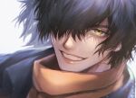  1boy black_hair facial_hair fate/grand_order fate/type_redline fate_(series) goatee_stubble grin hair_over_one_eye japanese_clothes kimono koha-ace light_particles lips looking_at_viewer male_focus medium_hair okada_izou_(fate) one_eye_covered orange_scarf ponytail portrait revision scarf simple_background smile solo teeth white_background yellow_eyes yuta_arata 