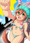  animal_ears apoj arm_up beanie blush breasts brown_hair character_name clenched_hands collarbone green_eyes hair_between_eyes hair_ornament hat highres horse_ears horse_girl horse_tail looking_at_viewer navel open_mouth pom_pom_beanie samson_big_(umamusume) small_breasts swimsuit tail umamusume 