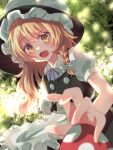  1girl :d apron black_headwear black_vest blonde_hair blurry blush commentary cowboy_shot dappled_sunlight day depth_of_field eyes_visible_through_hair frilled_apron frills hair_between_eyes happy highres kirisame_marisa leaf long_hair looking_at_viewer looking_down mushroom neck_ribbon open_mouth outdoors puffy_short_sleeves puffy_sleeves purple_ribbon ribbon shirt short_sleeves smile solo standing sunlight toufuoishiiiiii touhou vest waist_apron wavy_hair white_apron white_shirt yellow_eyes 