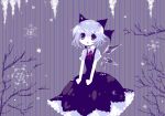  1girl :o bad_drawr_id bad_id bare_tree blue_bow blue_dress blue_eyes blue_hair blue_theme bow cirno detached_wings dress feet_out_of_frame hair_between_eyes hair_bow icicle jaggy_lines limited_palette looking_at_viewer medium_dress neck_ribbon no_lineart no_nose oekaki parted_lips pinafore_dress pink_ribbon purple_background ribbon saya_(sayaya) short_hair short_sleeves sleeveless sleeveless_dress snowflakes snowing solo striped striped_background touhou tree vertical_stripes wings winter 