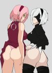  2b_(nier:automata) 2girls ass haruno_sakura highres multiple_girls naruto naruto_(series) nier:automata nier_(series) panties pink_hair pink_panties smile thighs u4_cold underwear white_hair 