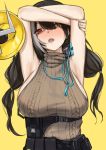  1girl absurdres armpits arms_up bangs black_hair blush breasts girls_frontline hair_between_eyes heterochromia highres id_card kuro_(zhurunbo1997) lanyard large_breasts long_hair low_twintails megaphone mod3_(girls_frontline) multicolored_hair open_mouth pouch red_eyes ribbed_sweater ro635_(girls_frontline) sleeveless sleeveless_sweater solo strap streaked_hair sweater turtleneck turtleneck_sweater twintails white_hair yellow_eyes 