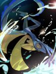  arms_up blurry blurry_foreground bright_pupils closed_mouth commentary_request grey_eyes highres inteleon pokemon pokemon_(creature) solo suikaels upside-down water water_drop white_pupils 