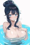  1girl bare_shoulders bathing blush breast_focus breasts character_request cleavage hair_bun hair_up highres huge_breasts long_hair looking_at_viewer naked_towel nude original parted_lips partially_submerged shiny_skin solo towel upper_body water wet wet_towel y_uunaa 