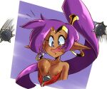 2023 areola blue_eyes breasts brown_body brown_skin ear_piercing ear_ring female genie hair humanoid humanoid_pointy_ears long_hair motion_lines nipples not_furry open_mouth piercing ponytail purple_hair ring_piercing shantae shantae_(series) simple_background solo surprised_expression theprincesskari wayforward
