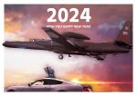  1girl 2024 aircraft airplane blue_hair car cloud cloudy_sky copyright_request english_text flying happy_new_year highres motor_vehicle orange_sky short_hair sky solo timmyyen u-2_dragon_lady vehicle_focus vehicle_request waving wheel 