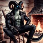ai_generated anthro blue_eyes chair clothing fireplace furniture jacket kiran_(zatou_syrene) leather leather_clothing leather_jacket leather_topwear male reptile scalie snake solo spikes topwear
