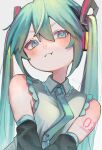  :t bare_shoulders blue_eyes blue_hair blue_necktie blush breasts collared_shirt detached_sleeves frilled_shirt frills hair_between_eyes hair_ornament hatsune_miku headset highres long_hair long_sleeves looking_at_viewer minshichi necktie number_tattoo own_hands_together pout shirt sidelocks simple_background sleeveless sleeveless_shirt small_breasts tattoo tie_clip twintails twitter_username upper_body very_long_hair vocaloid white_background white_shirt wing_collar 