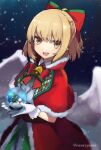  1girl alternate_costume bell blonde_hair bow breasts capelet christmas christmas_ornaments dress gengetsu_(touhou) gloves hair_bow highres medium_breasts night night_sky open_mouth pointy_ears razuzyamu red_capelet red_dress red_ribbon ribbon shirt short_hair short_sleeves sky smile snow_globe snowing teeth touhou touhou_(pc-98) upper_teeth_only white_gloves white_shirt white_wings wings yellow_eyes 