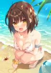  1girl :d ahoge animal bare_shoulders beach bekotarou bikini breasts brown_hair cleavage collarbone crab day highres looking_at_viewer medium_breasts open_mouth original outdoors sand scrunchie short_hair side-tie_bikini slippers smile solo squatting swimsuit thighs water white_bikini wrist_scrunchie yellow_eyes 