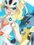  1girl :d bare_shoulders blonde_hair blue_eyes dress fingerless_gloves gloves hair_between_eyes helmet korrina_(pokemon) long_hair looking_at_viewer lucario nfvw2evamr86075 open_mouth pokemon pokemon_(creature) pokemon_xy sleeveless sleeveless_dress smile teeth upper_body upper_teeth_only white_dress white_gloves 