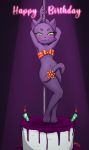  2019 anthro ashe_(starshippizza) birthday_cake blush cake candle convenient_censorship creamychurros dancing domestic_cat english_text felid feline felis female food front_view full-length_portrait gift_wrapped green_eyes happy_birthday hi_res mammal nude pole pole_dancing portrait ribbons solo stripper_pole tail_censorship text 