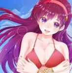  1girl :d asamiya_athena bangs bikini bikini_top blue_eyes blue_sky breasts cleavage collarbone day earrings floating_hair gradient_hair hair_between_eyes hair_ornament hairband head_tilt jewelry lens_flare long_hair looking_at_viewer medium_breasts multicolored_hair nail_polish o-ring o-ring_bikini open_mouth outdoors pink_hairband purple_hair red_bikini red_hair red_nails ryou.r shiny shiny_hair shiny_skin sky smile solo star_(symbol) star_hair_ornament swimsuit the_king_of_fighters upper_body very_long_hair 