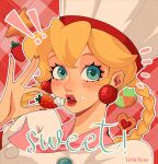  ! !! 1girl artist_name blonde_hair blue_eyes braided_hair_rings chef_hat cookie earrings english_text food fruit hat highres holding holding_food jewelry little_enne looking_at_viewer mario_(series) necktie official_alternate_costume official_alternate_hairstyle open_mouth pastry_chef_peach patterned_background pink_necktie plaid plaid_background portrait princess_peach princess_peach:_showtime! red_background red_lips shirt solo sphere_earrings strawberry white_headwear white_shirt 