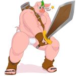  1:1 alpha_channel anthro belt breasts briefs bulge clothed clothing domestic_pig english_text feet footwear gloves hair handwear male mammal melee_weapon moobs nipples notkastar partially_clothed sandles shoes signature slightly_chubby solo suid suina sus_(pig) sword text toes underwear weapon 
