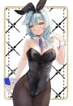  1girl :t alternate_costume animal_ears arm_behind_back between_breasts black_leotard black_pantyhose blue_hair blue_necktie blush breasts card card_(medium) collarbone cowboy_shot detached_collar eula_(genshin_impact) fake_animal_ears genshin_impact gnsn_tukituki hand_up highleg highleg_leotard highres holding holding_card leotard looking_at_viewer necktie necktie_between_breasts pantyhose playboy_bunny rabbit_ears solo strapless strapless_leotard thigh_gap white_background wrist_cuffs yellow_eyes 