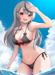  1girl 9696k absurdres bare_shoulders bikini black_hair blush breasts cleavage fang grey_hair hair_ornament highres hololive large_breasts long_hair looking_at_viewer multicolored_hair navel open_mouth red_eyes sakamata_chloe side-tie_bikini_bottom smile solo streaked_hair swimsuit virtual_youtuber x_hair_ornament 