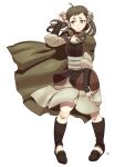  1girl absurdres black_choker brown_eyes brown_hair choker collared_cloak fire_emblem fire_emblem_fates flower freckles ghostypaint hair_flower hair_ornament highres mozu_(fire_emblem) skirt solo wrist_guards 