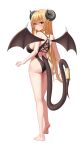  1girl absurdres ass barefoot black_one-piece_swimsuit blonde_hair blush closed_mouth commission darkswan demon_girl demon_horns demon_tail demon_wings feet from_behind full_body highres horns long_hair one-piece_swimsuit original pointy_ears simple_background standing swimsuit tail white_background wings 