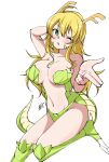  1girl ahoge blonde_hair blush breasts chinese_zodiac dragon_girl dragon_horns dragon_tail green_eyes highres horns hoshii_miki idolmaster idolmaster_(classic) large_breasts long_hair looking_at_viewer navel ochisoyaaa_(speedylateness) one_eye_closed open_mouth scales signature solo tail thighs year_of_the_dragon 