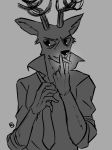  2019 absurd_res anthro antlers beastars capaoculta cervid cervine cigarette clothed clothing front_view grey_background greyscale half-length_portrait hi_res horn humanoid_hands louis_(beastars) male mammal monochrome necktie portrait red_deer simple_background smoking solo 